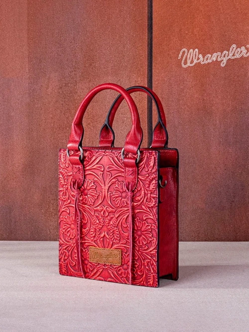 Wrangler Embossed Tooled Leather Top Handle Crossbody Western Bag Red NWT - Picture 5 of 11